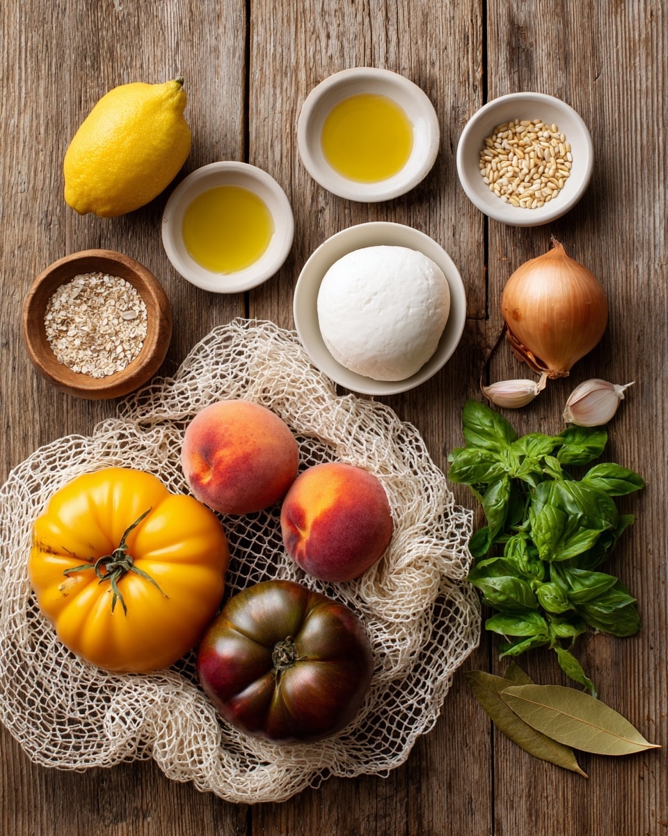 The image shows various fresh ingredients arranged neatly on a wooden surface. At the bottom are two large heirloom tomatoes, one yellow and one dark red, surrounded by three fuzzy peaches resting on a light beige netted bag. Above them, a whole lemon and a smooth white ball of mozzarella cheese sit in small white bowls. Near these are three small dishes with oils and honey, one ceramic bowl filled with toasted grains, and a small wooden bowl of coarse salt. On the right side, sprigs of fresh green basil, a single garlic clove, a brown shallot, and a bay leaf are placed in a clean line. Photo taken with an iphone --ar 4:5 --v 7