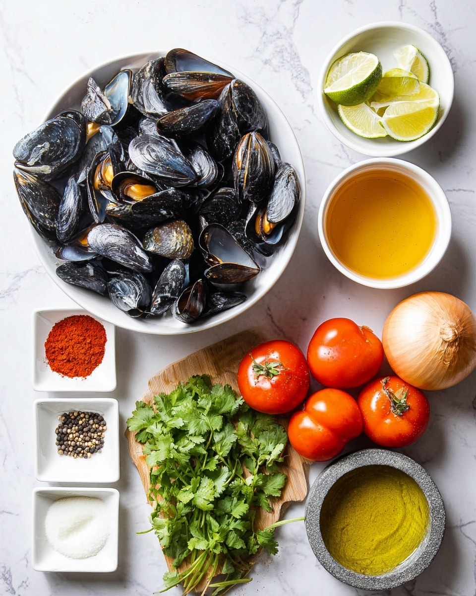 A large white bowl filled with many shiny black mussels with hints of blue and gray, arranged loosely and piled high. To the left is a small white dish holding four small piles of spices: red chili flakes, bright red paprika, white salt, and black pepper. Below this are fresh green cilantro bunches. Next to the cilantro is a small white bowl filled with golden honey. Below the honey are three ripe red tomatoes still attached to their green vine. To the right of the tomatoes is a whole round yellow onion. Further right, a white bowl with creamy white sauce sits below a wooden cutting board that holds a few peeled garlic cloves, two bright green limes, and several lemon wedges. A small stone bowl with golden olive oil sprinkled with black pepper is on the cutting board near the lemons. The scene is all set on a surface with a white marbled texture. Photo taken with an iphone --ar 4:5 --v 7