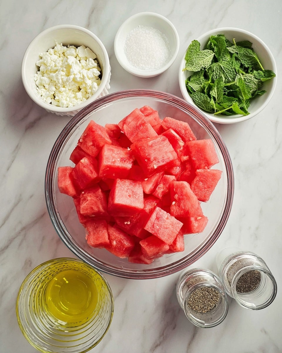 A clear glass bowl filled with bright red watermelon pieces cut into medium-sized cubes sits on a white marbled surface. Surrounding the bowl are smaller white bowls and glass containers holding ingredients: one white bowl has white crumbled feta cheese, another white bowl contains fresh green mint leaves, a small ribbed glass container holds yellow olive oil, and a clear glass container with a silver lid contains salt, next to a similar container filled with black pepper. The arrangement is neat and the colors are vivid, with the red watermelon dominating the center, and green, white, yellow, and clear elements adding contrast. photo taken with an iphone --ar 4:5 --v 7