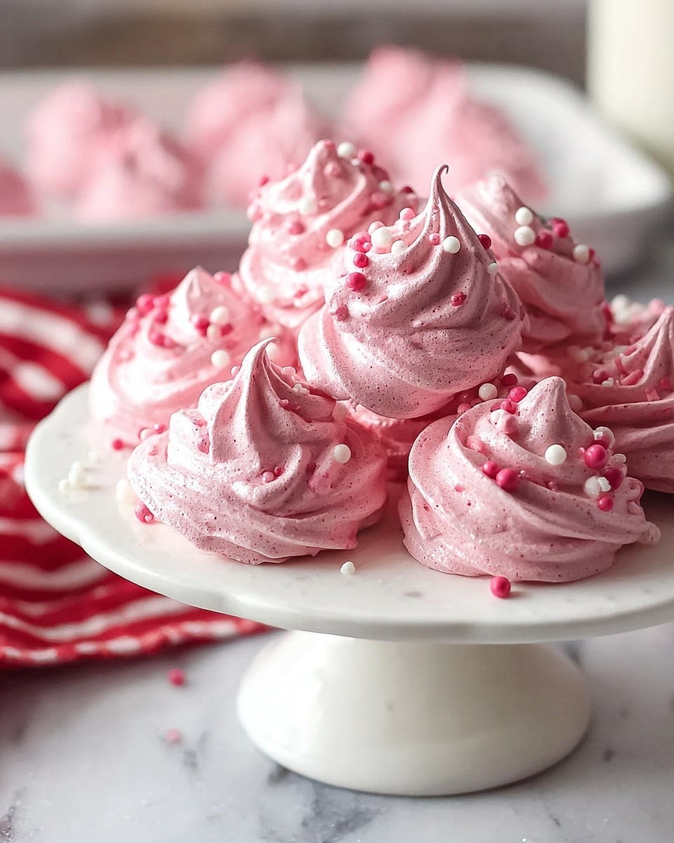 A white cake stand holds a pile of about ten pink meringue cookies, each with a swirled, whipped texture that creates delicate peaks and ridges. The meringues are decorated with small round sprinkles in white, pink, and red, scattered lightly across the surface. The cookies show a smooth but slightly bumpy texture. In the background, blurred out, there are two more pink meringue cookies on a white tray, and a white marbled surface underneath. A red and white striped cloth is faintly visible in the upper background. The light is soft and natural, enhancing the pink color of the meringues. photo taken with an iphone --ar 4:5 --v 7