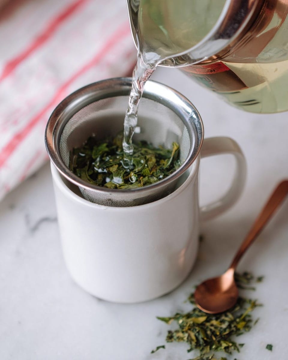 A white mug with a silver tea strainer inside it, placed on a white marbled surface. Inside the strainer are green tea leaves, and clear water is being poured into the mug from a measuring cup positioned above it. Near the mug, some loose green tea leaves and a small copper measuring spoon rest on the white marbled surface. Part of a woman's hand holding the measuring cup can be seen at the top right corner. The colors are soft and natural with a clean, calm look. photo taken with an iphone --ar 4:5 --v 7