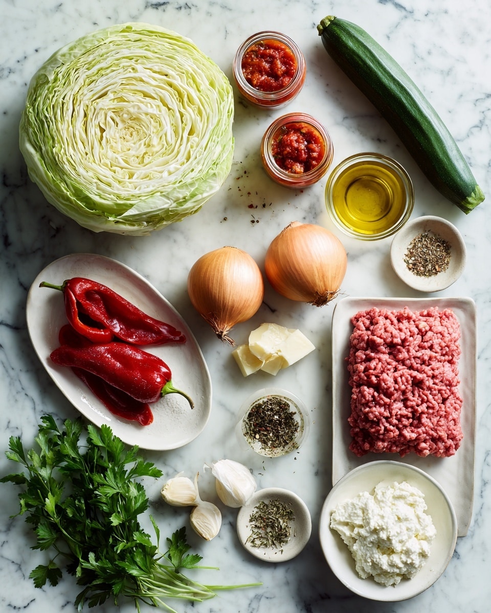The image shows an arrangement of fresh ingredients on a white marbled surface. At the top left is a whole pale green cabbage with smooth, layered leaves. To its right, there are two small glass jars filled with bright red crushed tomatoes. Below them, two medium-sized round brown/yellow onions sit next to three garlic cloves. Toward the center is a long, dark green zucchini lying horizontally. A small clear bowl of extra virgin olive oil is positioned near the cabbage, with a chunk of pale yellow Parmesan cheese and a white bowl of creamy ricotta cheese nearby. To the right, a rectangular white plate holds a portion of raw pink ground beef with a textured surface. Scattered around are small glass bowls with sea salt, pepper, and mixed dried herbs including oregano, basil, and chili flakes. At the bottom left, a white oval plate carries a vibrant red roasted capsicum or red pepper. Finally, some fresh flat-leaf parsley with bright green leaves is placed near the herbs. Photo taken with an iphone --ar 4:5 --v 7