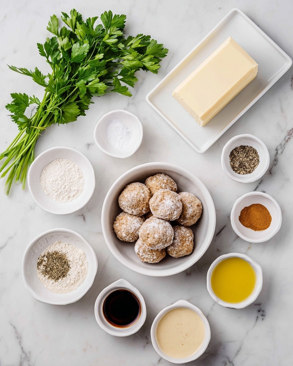 The image shows a flat lay of cooking ingredients arranged on a white marbled surface. In the center right, a white bowl is filled with about eleven light brown meatballs dusted lightly with flour. Above this bowl, to the right, there is a white rectangular dish holding a solid block of pale yellow butter. To the left of the meatballs, a fresh bunch of bright green parsley lies flat. Around these main items, there are small white round dishes containing various ingredients: bright white flour at the top center, coarse black pepper on the top left, white salt on the bottom left, a bowl with a thick dark brown liquid near the bottom left corner, powdered spice in a light brown shade slightly above the liquid, yellow mustard sauce to the right of the meatballs, a pale yellow translucent liquid below the mustard, and a small cup of creamy white liquid toward the bottom center. The composition is clean, bright, and well organized, photo taken with an iphone --ar 4:5 --v 7