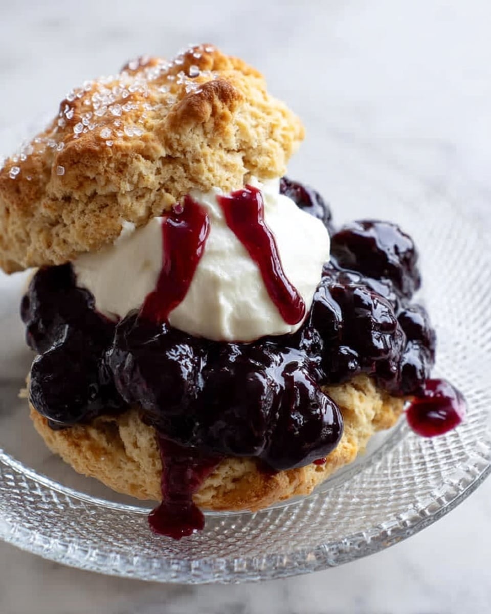 A clear textured glass plate holds a scone cut into two halves with the top half slightly tilted on the right. The bottom half is light golden brown and crumbly, covered with a thick layer of dark purple berry jam that looks shiny and smooth with some whole berries visible. On top of the jam, there is a dollop of white whipped cream with a small drizzle of deep red syrup. The top half of the scone is golden brown with a rough cracked texture and small shiny sugar crystals. The plate sits on a white marbled surface. Photo taken with an iphone --ar 4:5 --v 7