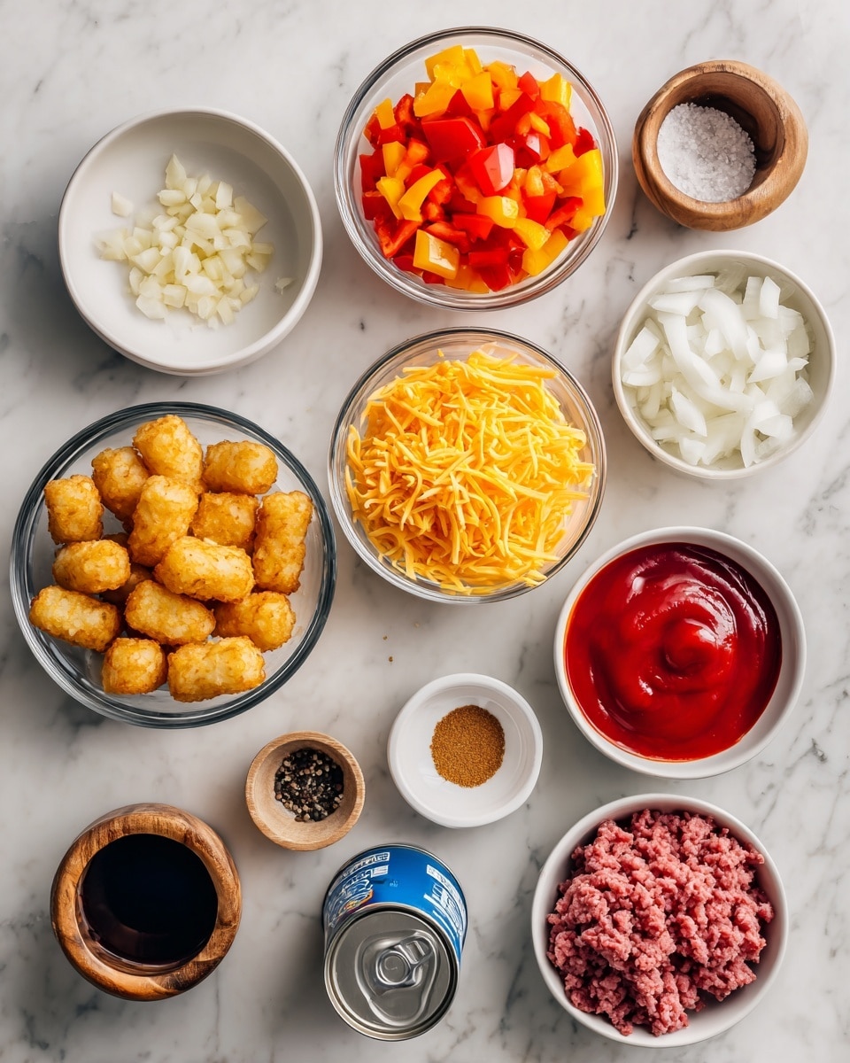 The image shows several clear and white bowls arranged on a white marbled surface, each holding a different ingredient. Starting from the top left, there is a small white bowl with minced garlic, next to it a clear bowl filled with diced orange bell pepper, and a clear bowl with shredded yellow cheddar cheese. Below these, from left to right, there is a clear bowl with chopped white onion, a white bowl filled with golden brown tater tots, and a clear bowl with bright red ketchup. At the bottom left, there is a white bowl with light brown apple cider vinegar, a small wooden bowl with brown sugar, and a small glass cup with dark Worcestershire sauce. Nearby, a blue and white can is opened showing canned diced red tomatoes with juices. Two small wooden bowls hold black pepper and white salt. Finally, on the right side, there is a white bowl with pink ground beef. The photo has a clean and organized look. Photo taken with an iphone --ar 4:5 --v 7