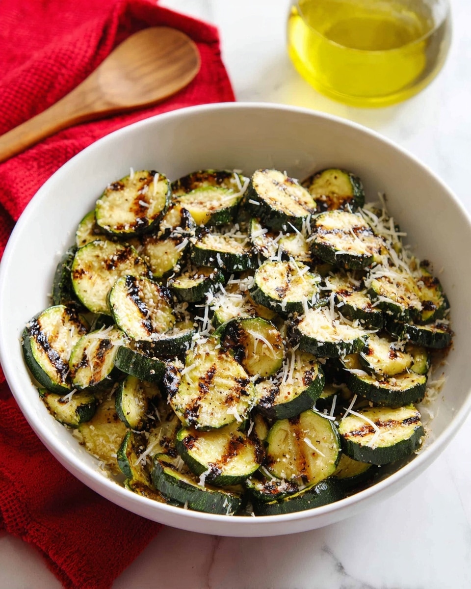 A white bowl filled with roasted zucchini pieces. The zucchini is cut into small quarter-moon shapes, showing bright green skin and soft yellowish inside with some browned, slightly charred spots that add texture. The zucchini is sprinkled with dried herbs that give a speckled look of green and brown. The bowl sits on a white marbled surface. Nearby, there is a wooden spoon, a part of a yellow olive oil bottle, and a cheese grater with a block of cheese on it. Photo taken with an iphone --ar 4:5 --v 7