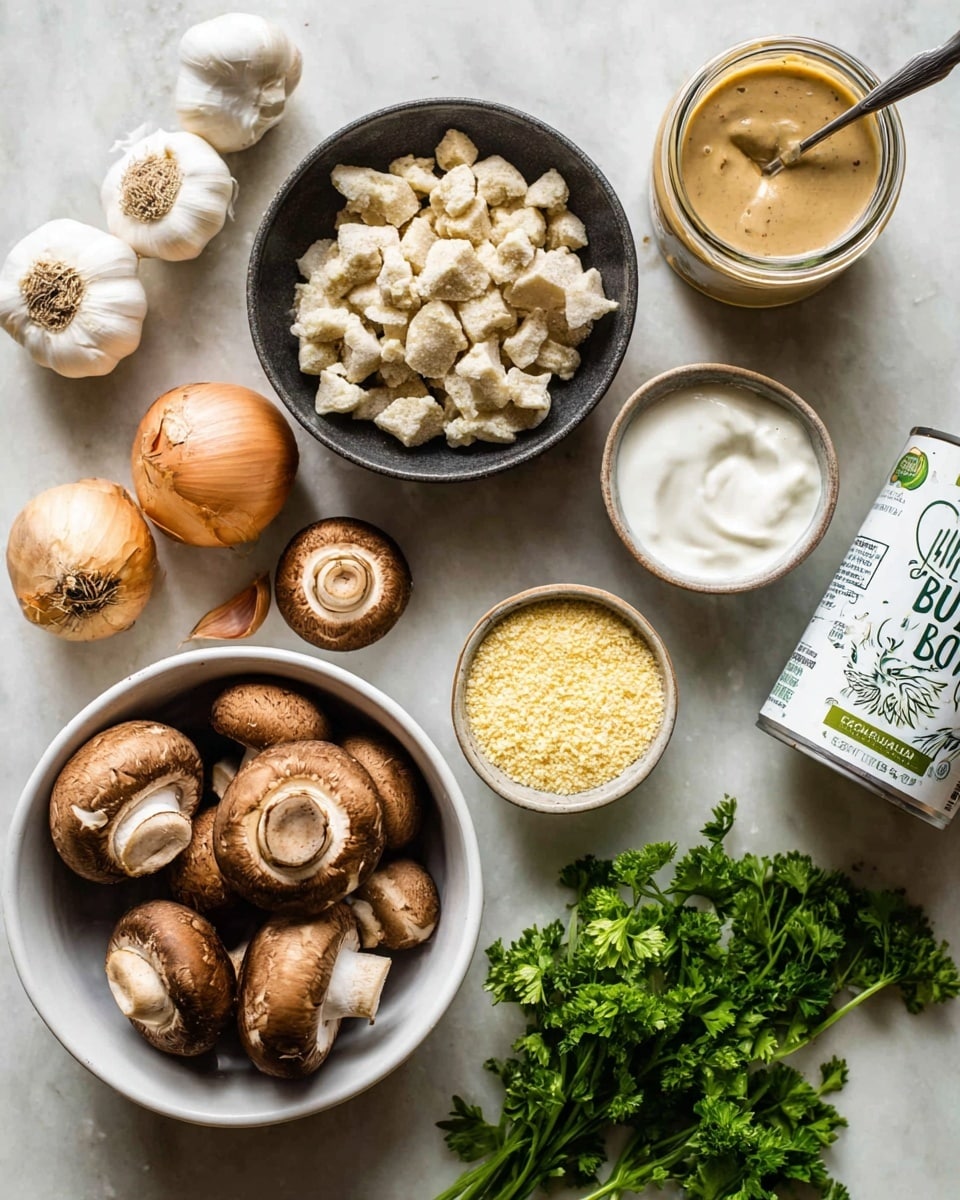 A top view of several ingredients arranged on a white marbled surface. In the center bottom, a white bowl holds whole brown mushrooms with smooth caps and cream-colored stems. Above the mushrooms, there is a black bowl filled with small, light beige textured chunks that look like dried pieces. To the right, a clear glass jar contains a creamy light brown substance with a spoon inside. Next to the jar, a small white bowl is filled with fine, yellowish granules. Further right, a white bowl holds thick white yogurt with a spoon. On the left side, near the mushrooms, three whole garlic bulbs and one yellow onion are placed. Near the bottom right of the image, some fresh green parsley leaves are spread out. A white can with green text and coconut imagery is positioned upright to the right of the mushrooms. The setting is natural with soft, even lighting. photo taken with an iphone --ar 4:5 --v 7
