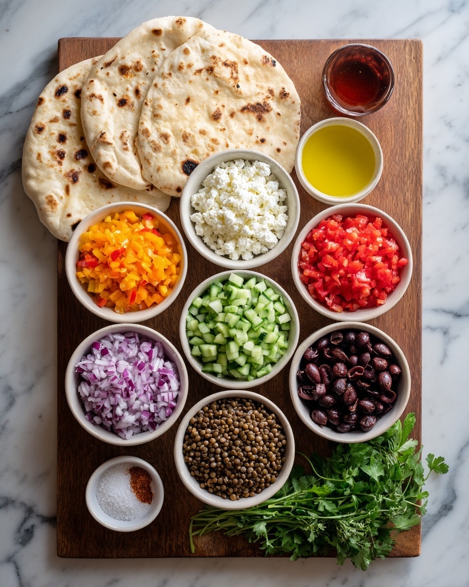 A wooden board holds nine white bowls arranged in a neat grid, each filled with fresh colorful ingredients including white crumbly cheese, bright orange diced bell peppers, green chopped cucumber, red sliced cherry tomatoes, brown lentils, dark chopped olives, finely chopped purple onions, and small bowls of salt, red liquid, light brown sauce, and yellow oil. Two large pieces of flatbread with light brown spots rest at the top of the board, and fresh green herbs are placed at the bottom right corner. The board is set on a white marbled surface. photo taken with an iphone --ar 4:5 --v 7