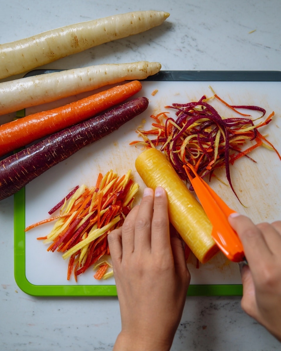 A close-up view of two woman's hands peeling a long yellow carrot with an orange peeler on top of a white cutting board with a green edge, placed on a white marbled surface. On the left side of the board, there are four whole carrots in different colors: one white, one orange, one purple, and one red. Near the center of the board, there are vibrant multi-colored carrot peels in purple, orange, and yellow tones. The scene is lit evenly showing the textures of the carrots' skins and peels. Photo taken with an iphone --ar 4:5 --v 7