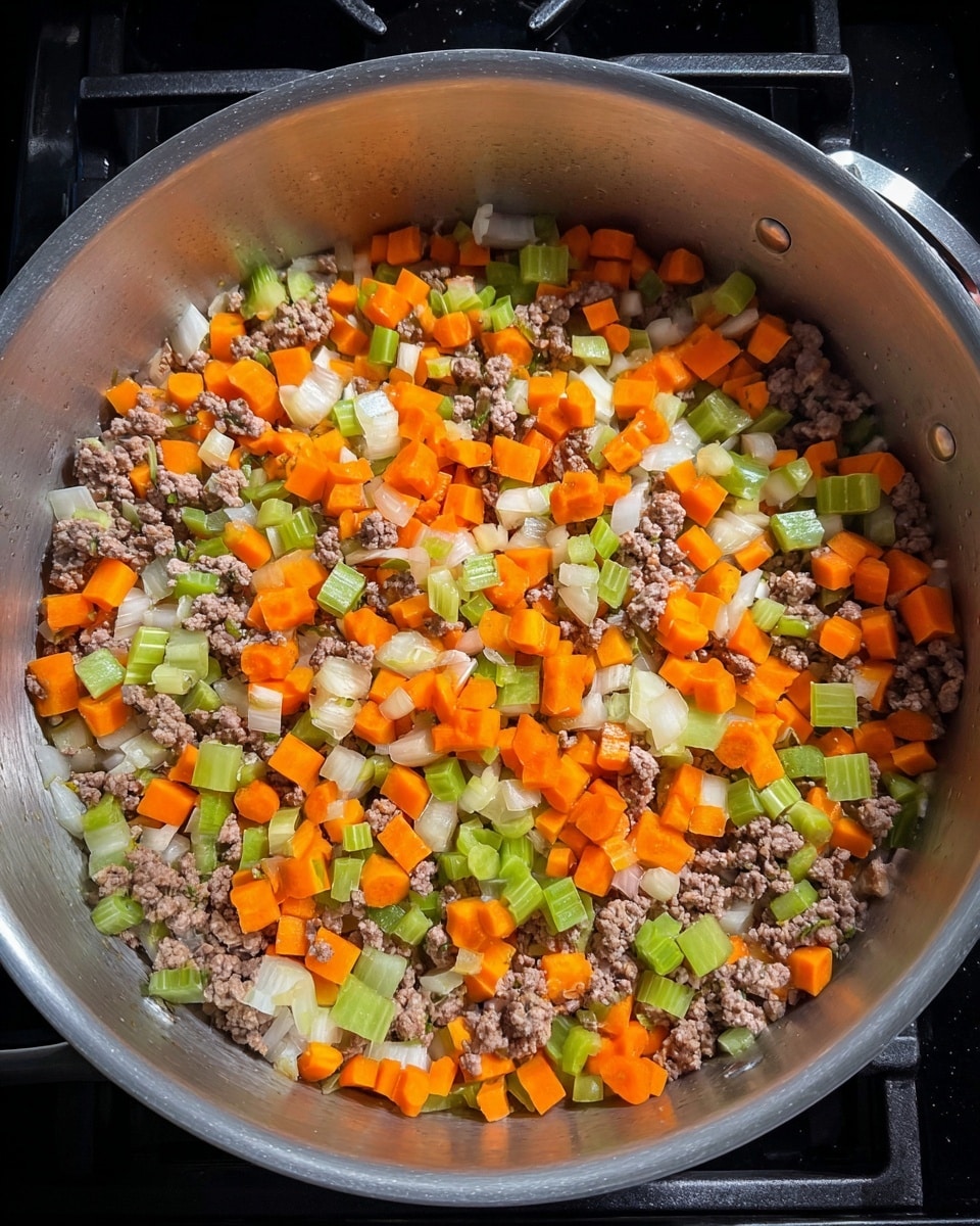 A large silver pot filled with chopped orange carrots, light green celery pieces, small white onion chunks, and browned ground meat, all mixed together and cooking on a black stove grate. The vegetables and meat are evenly spread, showing a variety of textures from soft cooked meat to crisp fresh vegetables photo taken with an iphone --ar 4:5 --v 7