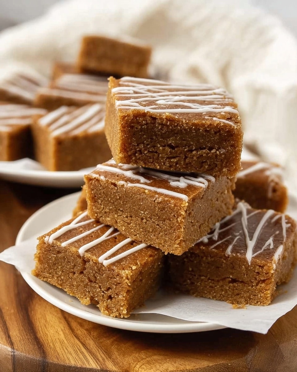 The image shows a stack of three thick, square-shaped cake slices with a light brown, slightly crumbly texture and thin white icing lines drizzled diagonally on top. The three-layered stack is placed on two stacked white rounded plates on a wooden board with white marbled texture around. In the background, there are more stacked square cake slices with similar texture and icing on white parchment paper, all set on the same wooden board. photo taken with an iphone --ar 4:5 --v 7