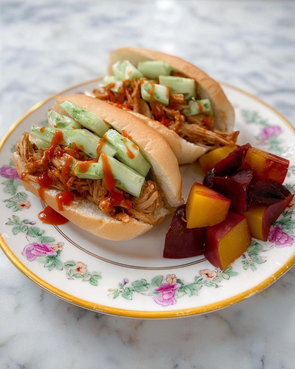 Two small sandwiches sit side by side on a white plate with a floral design and thin yellow trim. Each sandwich has a soft, light beige bun filled with shredded meat that is reddish brown in color. On top of the meat are thin slices of cucumber, pale green in shade, and thin lines of green sauce. Bright red sauce is drizzled over the meat and cucumber. To the right of the sandwiches on the plate are several chunks of dark red and yellow fruit, cut into uneven pieces. The plate rests on a white marbled surface. photo taken with an iphone --ar 4:5 --v 7