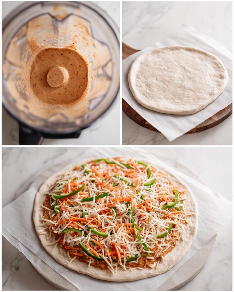 The image shows three stages of making a pizza. The first stage is a close-up of a blender with a smooth, light brown sauce inside. The second stage shows a round pizza dough spread out on white parchment paper, covered evenly with the same light brown sauce. The third stage is a fully prepared pizza on white parchment paper on a pizza peel; it has a top layer of shredded white cheese, thin orange carrot strips, and thin green bell pepper slices scattered evenly over the sauce. The surface underneath everything is white marble textured. photo taken with an iphone --ar 4:5 --v 7