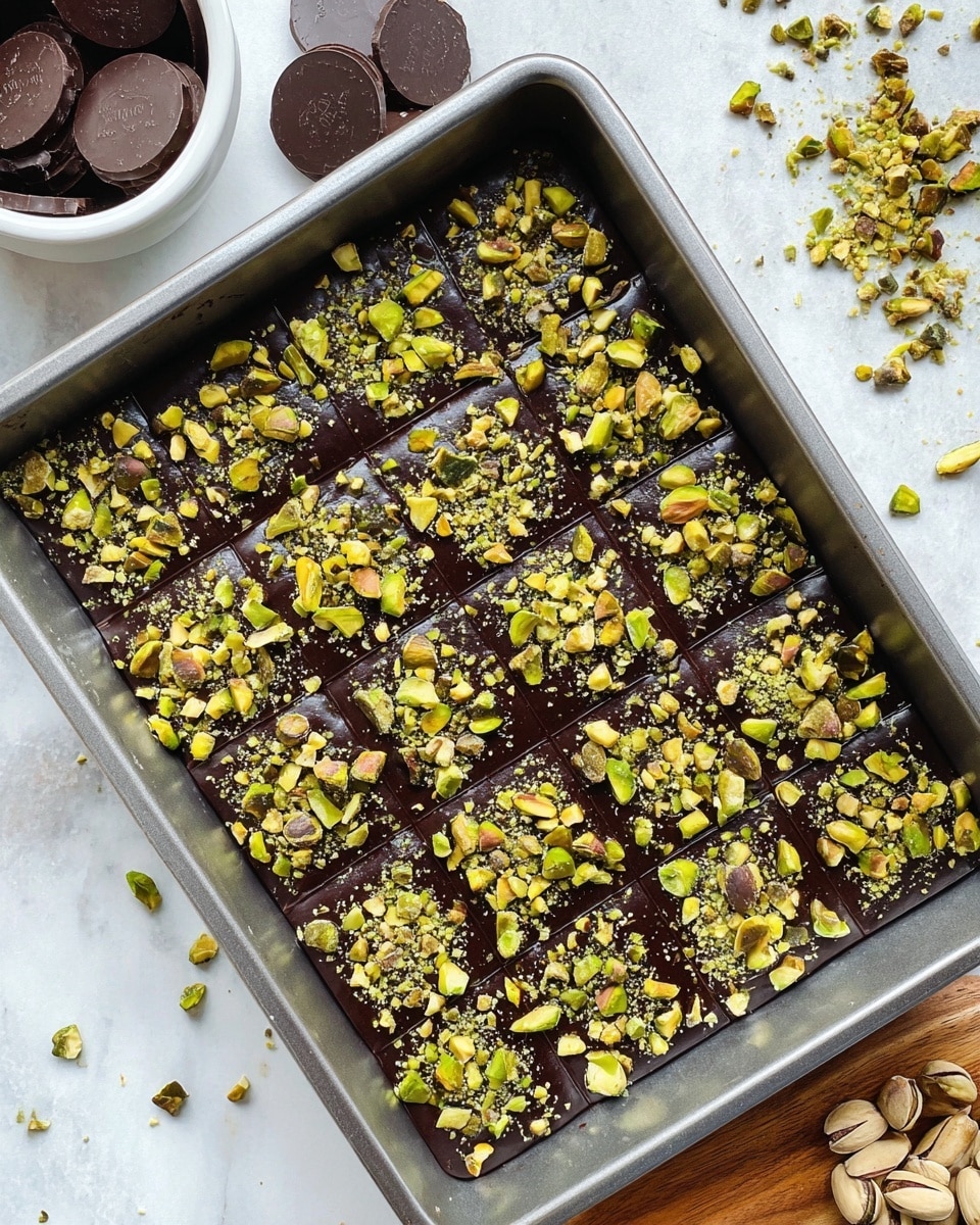A dark brown chocolate layer fills each square section of a grey metal baking tray, topped with a generous mix of crushed green pistachios and green pumpkin seeds scattered unevenly on the surface. The tray is placed on a white marbled background with a small white bowl of dark chocolate discs in the top left corner and a wooden board with whole pistachios in the bottom right. The chocolate layer contrasts with the bright green nuts, creating a textured and colorful topping on each piece. Photo taken with an iphone --ar 4:5 --v 7