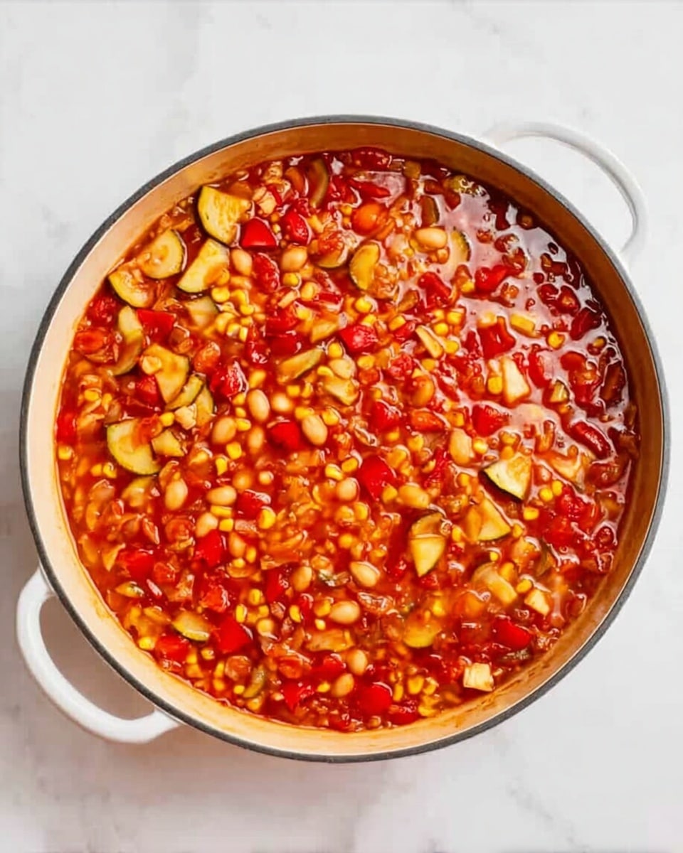 The image shows a white pan filled with a thick vegetable stew made of many small pieces. The stew is mostly red and orange from the sauce and red peppers, with visible slices of yellow corn, chopped zucchini, and some white beans or chickpeas mixed in. The surface of the stew looks shiny and a bit wet. The pan sits on a white marbled surface. photo taken with an iphone --ar 4:5 --v 7