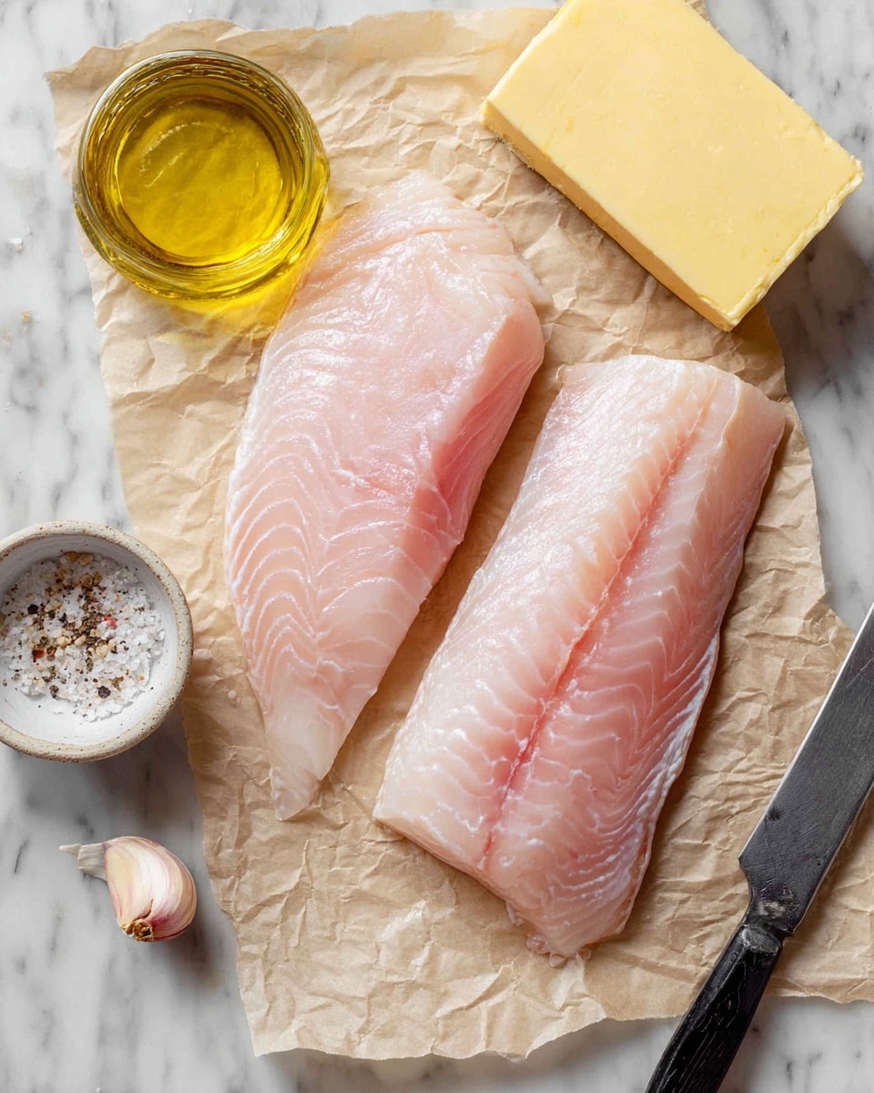 Two thick pale pink fish fillets lay side by side on crinkled baking paper over a white marbled texture. To the lower left of the fillets is a single light brown garlic clove. Below the fillets, a small white bowl holds coarse salt mixed with cracked black pepper. To the right of the fillets, a glass bottle filled with golden olive oil and a block of yellow butter rest near a knife with a black handle. Photo taken with an iphone --ar 4:5 --v 7