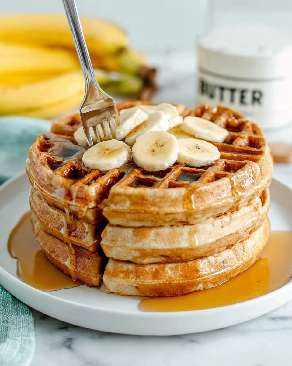 A stack of four thick waffles with a golden brown color sits on a white plate on a white marbled surface. The waffles are topped with thin banana slices placed in the center. A silver fork is stuck into the front waffle, lifting a small piece of it. Maple syrup is drizzled over the waffles, pooling slightly at the base on the plate. In the background, there are some bananas and a white container labeled