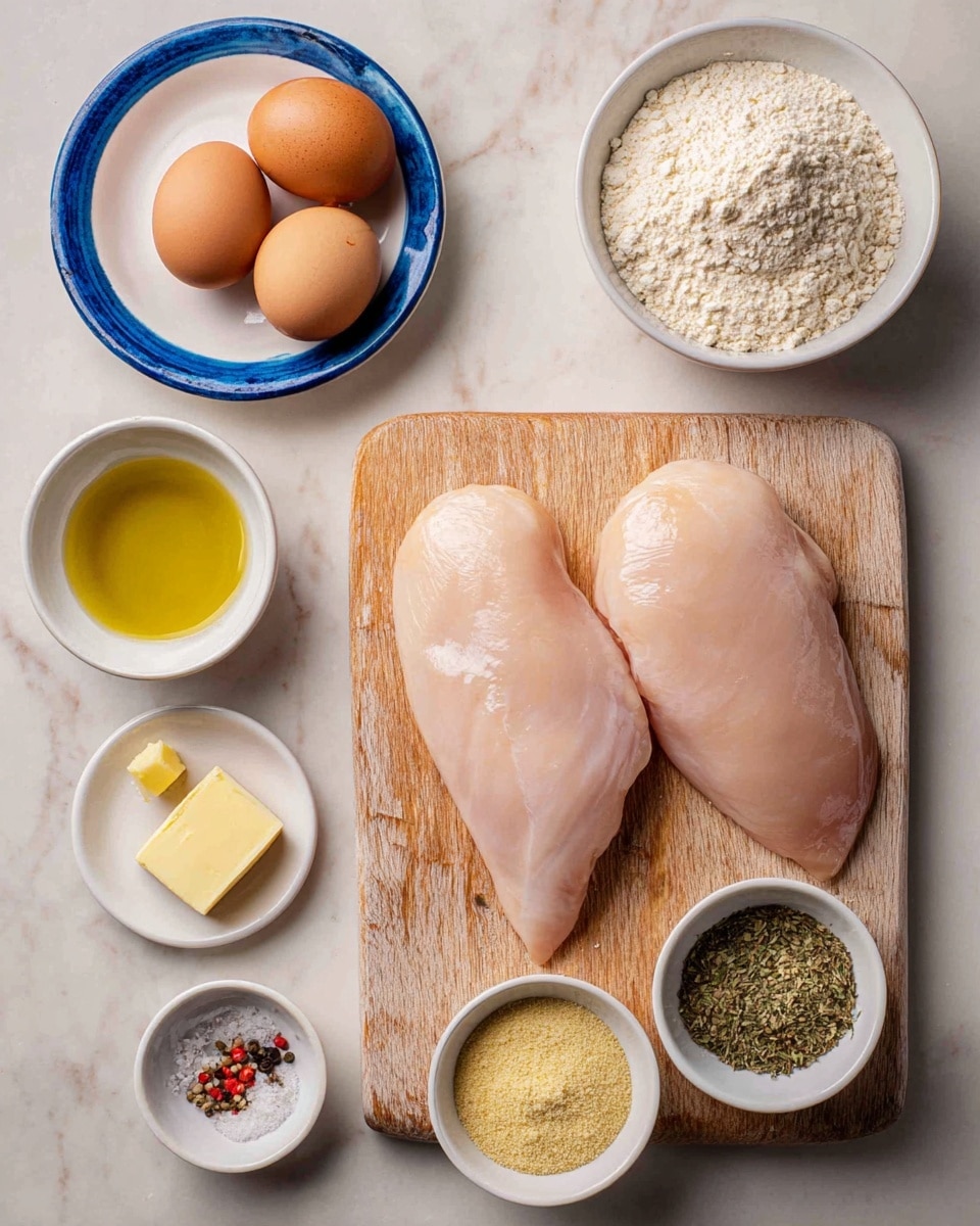 A white marbled surface holds a wooden cutting board in the center with two large raw chicken breasts that have a light pink color and smooth texture. To the right of the board are three white bowls: the top one filled with beige bread crumbs, the middle with white plain flour, and the bottom with a mix of salt and black pepper. To the left of the board are several small white and blue dishes: a blue and white plate with two brown eggs at the top left, a small dish of yellow olive oil below it, a tiny bowl with a green and red Italian seasoning mix, and next to that a small white dish holding a yellow butter square. Below the chicken on the board are two small white bowls containing pale yellow garlic powder and a mix of salt and black pepper. Photo taken with an iphone --ar 4:5 --v 7