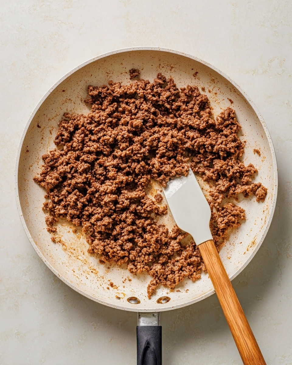 A white frying pan filled with evenly browned minced meat, showing a crumbly texture with small clusters spread across the pan. A white spatula with a wooden handle is placed inside the pan, resting on the right side among the meat. The pan is set on a white marbled surface, giving a clean and bright background. The cooked meat has a mix of light and dark brown shades, indicating it is well-cooked without any sauce or added layers. Photo taken with an iphone --ar 4:5 --v 7