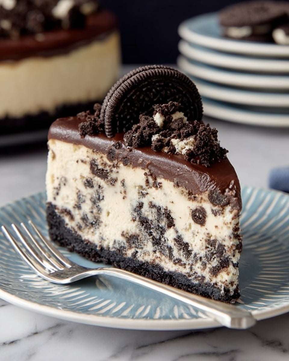 A slice of cookies and cream cheesecake sits on a white plate with blue stripes, showing three layers: a dark crumbly cookie crust at the bottom, a thick middle layer of creamy white cheesecake filled with small dark cookie pieces, and a smooth dark chocolate ganache topping on top. The top layer is decorated with crumbled cookie bits and a whole cookie standing upright near the back. A silver fork rests on the plate in front of the cheesecake. The background is a white marbled surface with blurred plates stacked in soft focus. Photo taken with an iphone --ar 4:5 --v 7